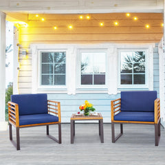 3 Piece Patio Conversation Set, 2 Metal Framed Chairs Rated 400 lb with Acacia Slat Backs, Navy Cushions on Fixing Ropes and 20 in Wood Top Table