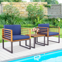 3 Piece Patio Conversation Set, 2 Metal Framed Chairs Rated 400 lb with Acacia Slat Backs, Navy Cushions on Fixing Ropes and 20 in Wood Top Table