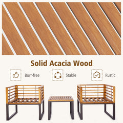 3 Piece Patio Conversation Set, 2 Metal Framed Chairs Rated 400 lb with Acacia Slat Backs, Navy Cushions on Fixing Ropes and 20 in Wood Top Table