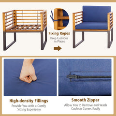 3 Piece Patio Conversation Set, 2 Metal Framed Chairs Rated 400 lb with Acacia Slat Backs, Navy Cushions on Fixing Ropes and 20 in Wood Top Table