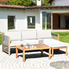 3 Piece Acacia Wood Patio Sectional Set, Loveseat, Chaise and 40 Inch Coffee Table with Rope Sides, Cream Cushions