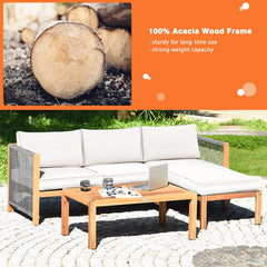 3 Piece Acacia Wood Patio Sectional Set, Loveseat, Chaise and 40 Inch Coffee Table with Rope Sides, Cream Cushions