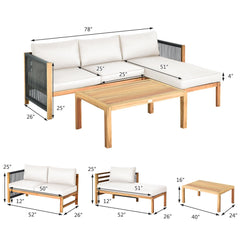 3 Piece Acacia Wood Patio Sectional Set, Loveseat, Chaise and 40 Inch Coffee Table with Rope Sides, Cream Cushions
