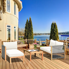 3 Piece Acacia Wood Patio Sectional Set, Loveseat, Chaise and 40 Inch Coffee Table with Rope Sides, Cream Cushions