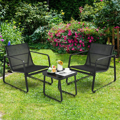 3 Piece Patio Bistro Set, 2 Sled Base Sling Chairs with Widened Seats and 17 in Tempered Glass Top Side Table, Black