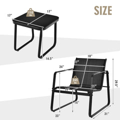 3 Piece Patio Bistro Set, 2 Sled Base Sling Chairs with Widened Seats and 17 in Tempered Glass Top Side Table, Black