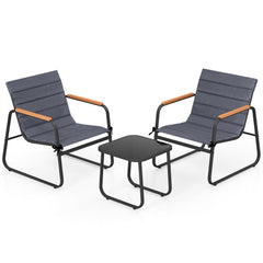 3 Piece Patio Bistro Set, 2 Sling Chairs Rated 330 lb with Removable Cushions, Wood Plastic Armrests and Glass Top Side Table, Grey