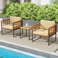 3 Piece Acacia and Metal Patio Set, 2 Chairs Rated 400 lb with Acacia Seats, Cream Cushions on Fixing Ties and 18 in Slatted Wood Table