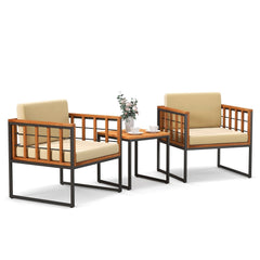 3 Piece Acacia and Metal Patio Set, 2 Chairs Rated 400 lb with Acacia Seats, Cream Cushions on Fixing Ties and 18 in Slatted Wood Table