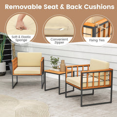 3 Piece Acacia and Metal Patio Set, 2 Chairs Rated 400 lb with Acacia Seats, Cream Cushions on Fixing Ties and 18 in Slatted Wood Table