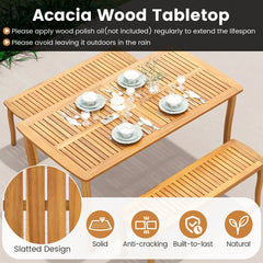 3 Piece Acacia Patio Dining Set, 63 Inch Slatted Table with Covered 1.97 Inch Umbrella Hole and 2 Benches