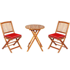 3 Piece Folding Acacia Wood Bistro Set, 2 Slatted Chairs with Red Cushions and a 23.5 in Round Table
