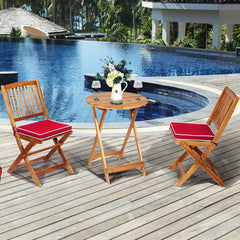 3 Piece Folding Acacia Wood Bistro Set, 2 Slatted Chairs with Red Cushions and a 23.5 in Round Table