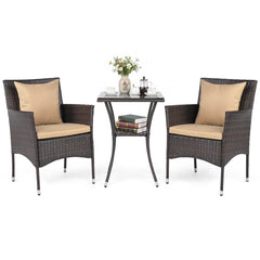 3 Piece Patio Wicker Bistro Set, 2 Chairs Rated 400 lb with Tan Cushions and a Two Tier Glass Top Table