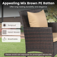 3 Piece Patio Wicker Bistro Set, 2 Chairs Rated 400 lb with Tan Cushions and a Two Tier Glass Top Table