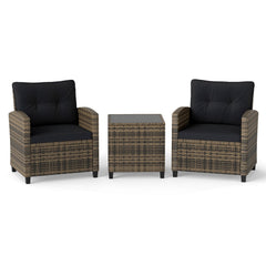 3 Piece Patio Rattan Conversation Set, Brown Weave with Black Cushions, 400 lb Chairs and a Glass Top Table