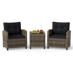 3 Piece Patio Rattan Conversation Set, Brown Weave with Black Cushions, 400 lb Chairs and a Glass Top Table