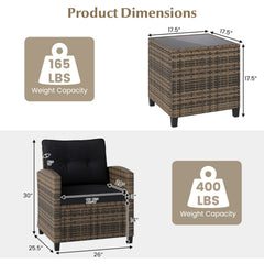 3 Piece Patio Rattan Conversation Set, Brown Weave with Black Cushions, 400 lb Chairs and a Glass Top Table