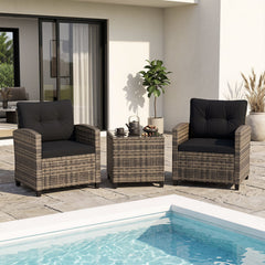 3 Piece Patio Rattan Conversation Set, Brown Weave with Black Cushions, 400 lb Chairs and a Glass Top Table
