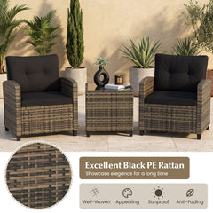 3 Piece Patio Rattan Conversation Set, Brown Weave with Black Cushions, 400 lb Chairs and a Glass Top Table