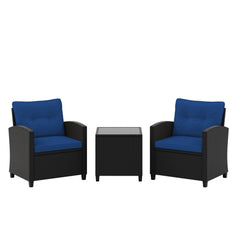 3 Piece Patio Rattan Conversation Set, 2 Armchairs Rated 400 lb with Navy Cushions and a Tempered Glass Top Table