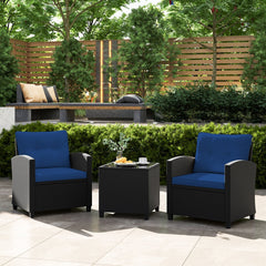 3 Piece Patio Rattan Conversation Set, 2 Armchairs Rated 400 lb with Navy Cushions and a Tempered Glass Top Table