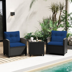 3 Piece Patio Rattan Conversation Set, 2 Armchairs Rated 400 lb with Navy Cushions and a Tempered Glass Top Table