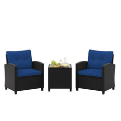 3 Piece Patio Rattan Conversation Set, 2 Armchairs Rated 400 lb with Navy Cushions and a Tempered Glass Top Table