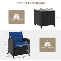 3 Piece Patio Rattan Conversation Set, 2 Armchairs Rated 400 lb with Navy Cushions and a Tempered Glass Top Table