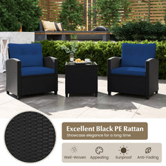3 Piece Patio Rattan Conversation Set, 2 Armchairs Rated 400 lb with Navy Cushions and a Tempered Glass Top Table