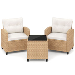 3 Piece Patio Rattan Conversation Set, Tan Weave with Cream Cushions, 30.5 in Chairs Rated 400 lb
