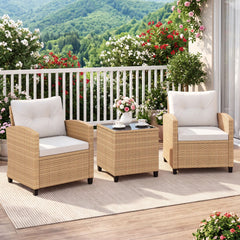 3 Piece Patio Rattan Conversation Set, Tan Weave with Cream Cushions, 30.5 in Chairs Rated 400 lb
