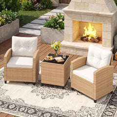 3 Piece Patio Rattan Conversation Set, Tan Weave with Cream Cushions, 30.5 in Chairs Rated 400 lb