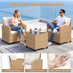 3 Piece Patio Rattan Conversation Set, Tan Weave with Cream Cushions, 30.5 in Chairs Rated 400 lb