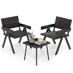 3 Piece Patio Wicker Bistro Set, 2 Black Metal Armchairs Rated 330 lb with Quick Dry Foam Padded Woven Seats and a Glass Top Table
