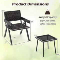 3 Piece Patio Wicker Bistro Set, 2 Black Metal Armchairs Rated 330 lb with Quick Dry Foam Padded Woven Seats and a Glass Top Table