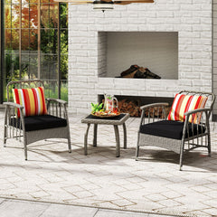 3 Piece Patio Wicker Set, 2 Grey Armchairs with 5 Level Adjustable Backrests Rated 355 lb, Black Cushions and a 19 in Slatted Table