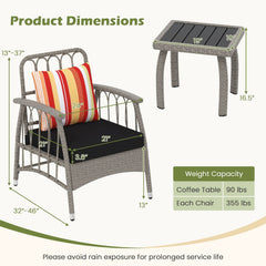 3 Piece Patio Wicker Set, 2 Grey Armchairs with 5 Level Adjustable Backrests Rated 355 lb, Black Cushions and a 19 in Slatted Table