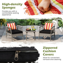 3 Piece Patio Wicker Set, 2 Grey Armchairs with 5 Level Adjustable Backrests Rated 355 lb, Black Cushions and a 19 in Slatted Table