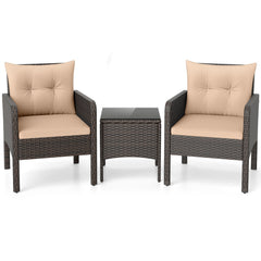 3 Piece Patio Rattan Bistro Set, 2 Brown Wicker Armchairs Rated 400 lb with Beige Cushions and a 16 in Glass Top Side Table