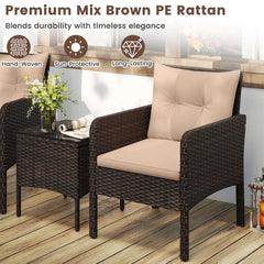 3 Piece Patio Rattan Bistro Set, 2 Brown Wicker Armchairs Rated 400 lb with Beige Cushions and a 16 in Glass Top Side Table