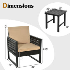 3 Piece Patio Bistro Set, 2 Black Metal and Rattan Armchairs with Beige Cushions and a 20 in Slatted Metal Side Table