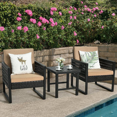 3 Piece Patio Bistro Set, 2 Black Metal and Rattan Armchairs with Beige Cushions and a 20 in Slatted Metal Side Table