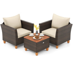 3 Piece Patio Rattan Set, 2 Single Sofas with Beige Cushions and a 20 in Acacia Flip Top Storage Side Table
