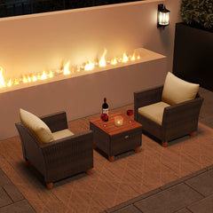 3 Piece Patio Rattan Set, 2 Single Sofas with Beige Cushions and a 20 in Acacia Flip Top Storage Side Table