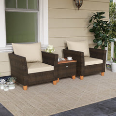 3 Piece Patio Rattan Set, 2 Single Sofas with Beige Cushions and a 20 in Acacia Flip Top Storage Side Table