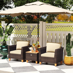 3 Piece Patio Rattan Set, 2 Single Sofas with Beige Cushions and a 20 in Acacia Flip Top Storage Side Table