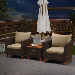 3 Piece Patio Rattan Set, 2 Single Sofas with Beige Cushions and a 20 in Acacia Flip Top Storage Side Table