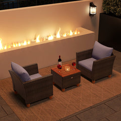 3 Piece Patio Rattan Set, 2 Single Sofas with Grey Cushions and a 20 in Acacia Flip Top Storage Side Table