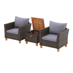 3 Piece Patio Rattan Set, 2 Single Sofas with Grey Cushions and a 20 in Acacia Flip Top Storage Side Table